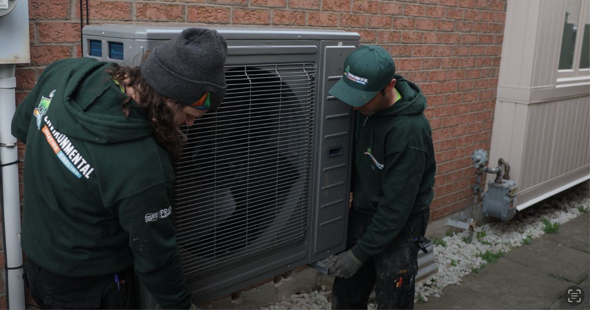 Two Environmental Heating & Cooling technicians installing a heat pump outdoor unit beside a house